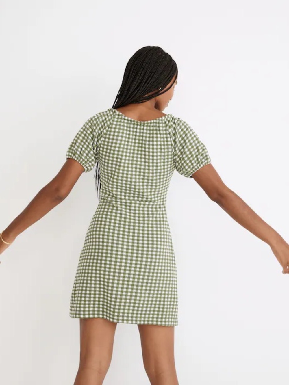 Madewell Green & White Gingham Mini Dress with Puff Sleeves - Picture 5 of 6